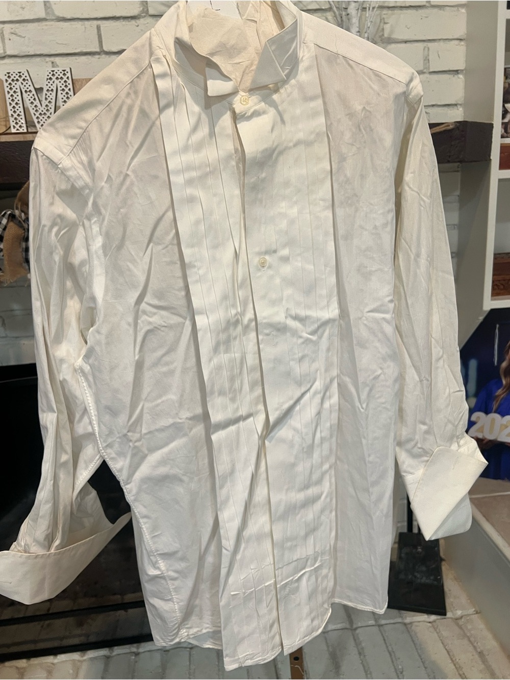 Men’s White Pleated Front Dress Shirt with Stand Collar